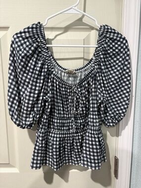 Nation LTD Black and White Gingham Puff-Sleeve Peplum Blouse